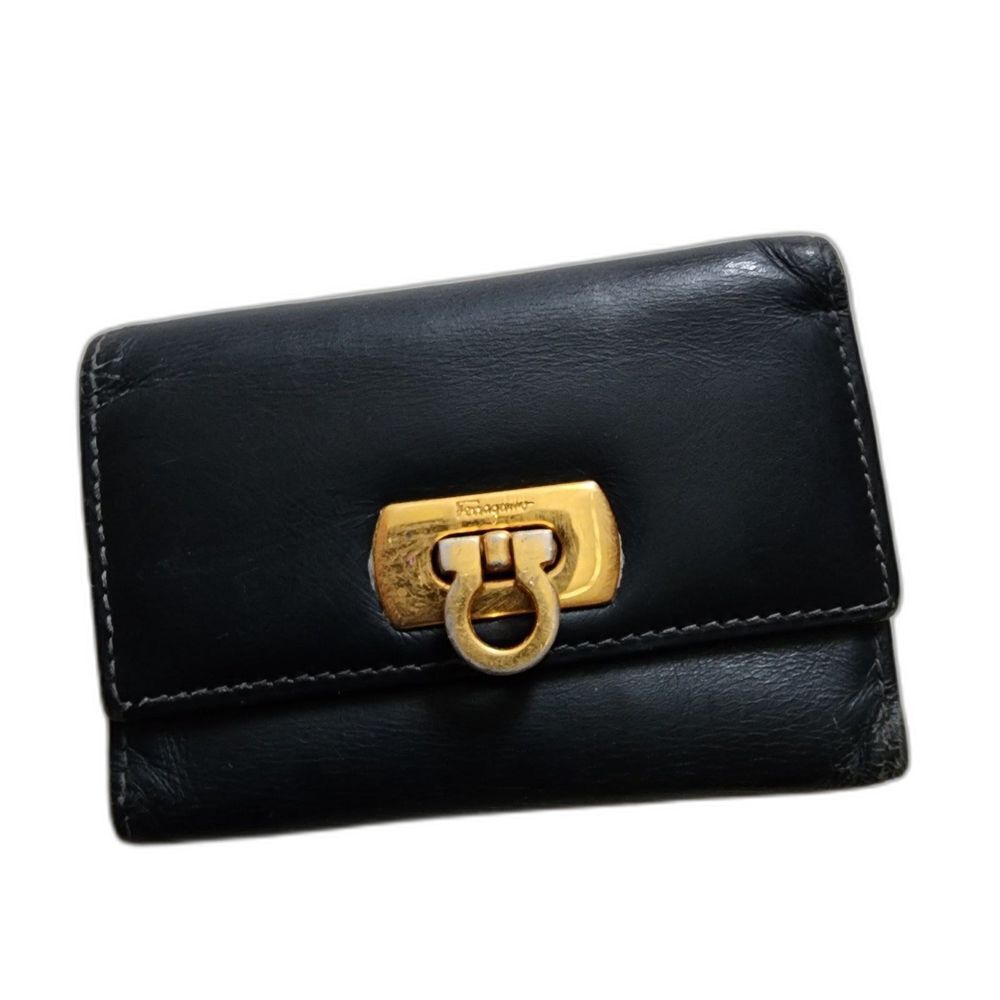 Salvatore Ferragamo Black Leather Gancini Trifold Key Case Wallet Italy - Picture 7 of 7